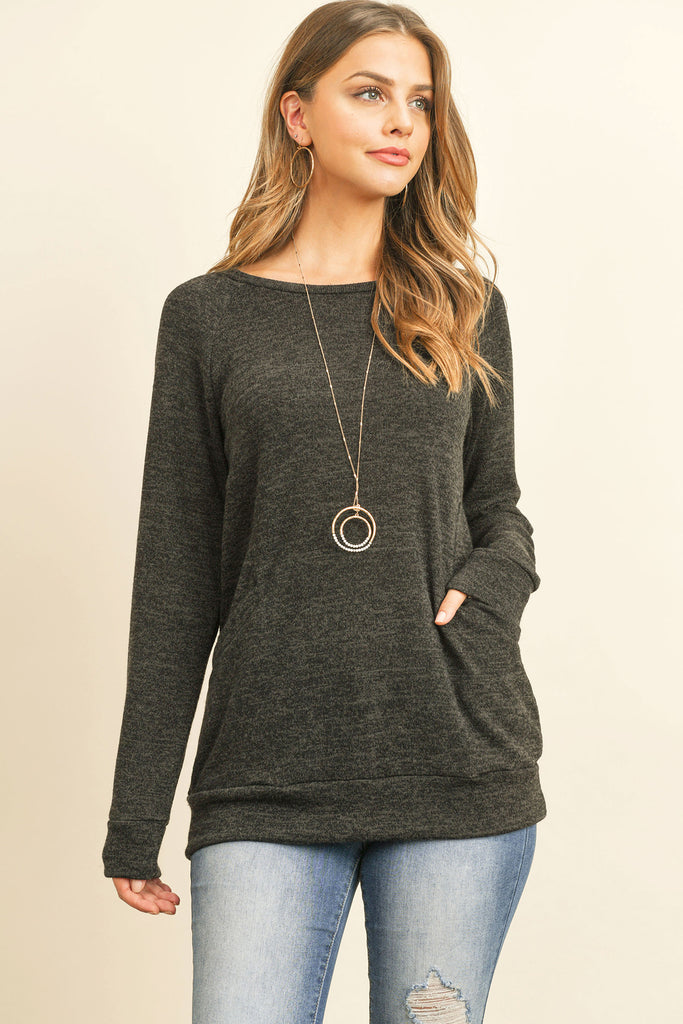 Knit Front Pocket Long Sleeved Top