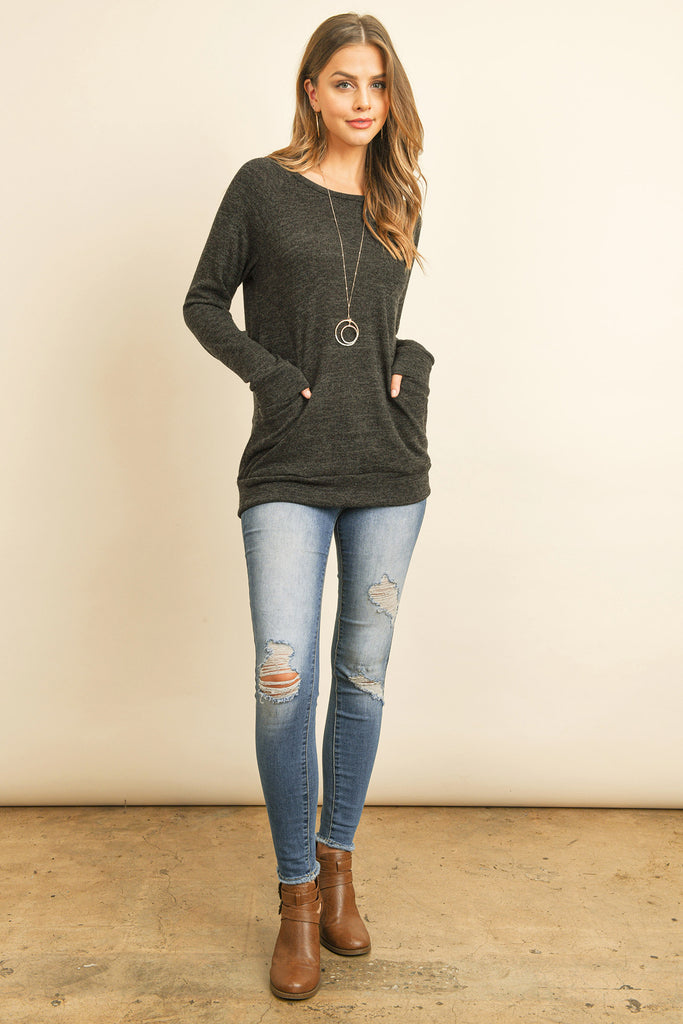 Knit Front Pocket Long Sleeved Top