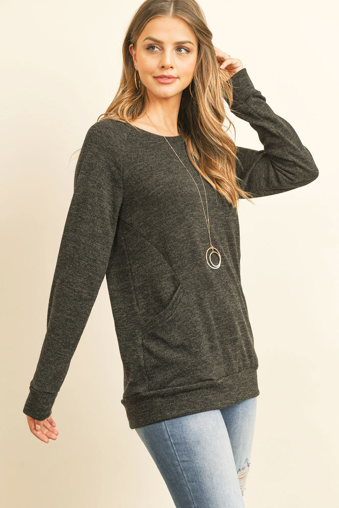 Knit Front Pocket Long Sleeved Top