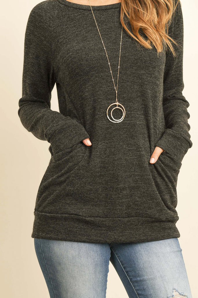 Knit Front Pocket Long Sleeved Top