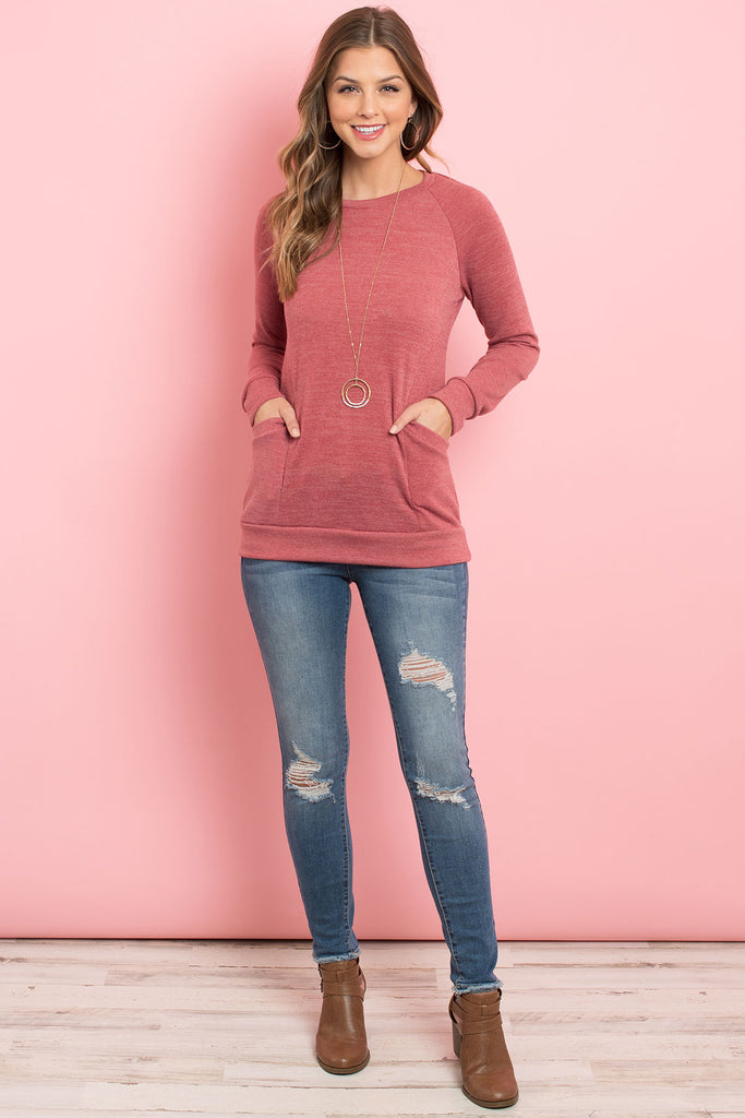 Knit Front Pocket Long Sleeved Top