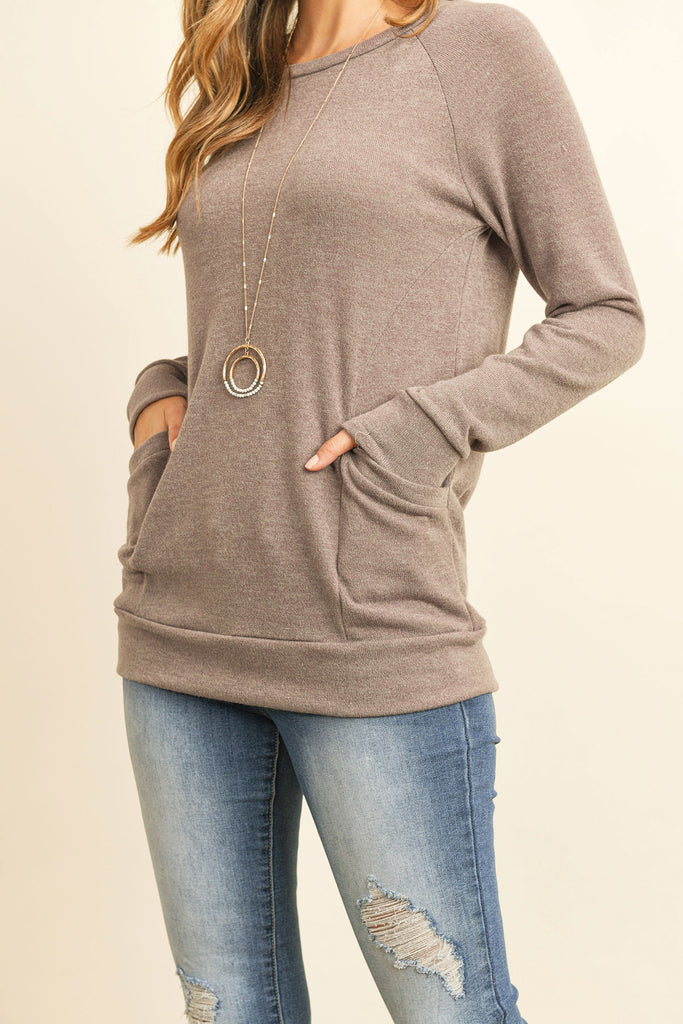 Knit Front Pocket Long Sleeved Top