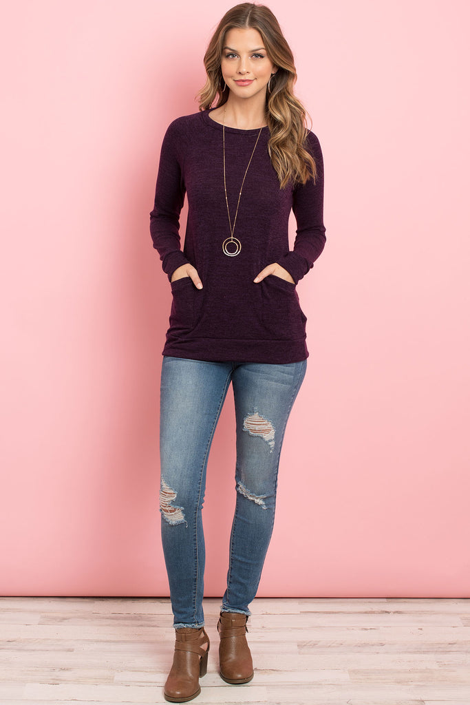 Knit Front Pocket Long Sleeved Top