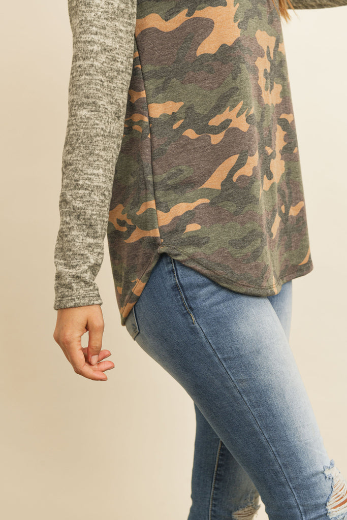 Two Toned Brushed Sleeved Contrast Leopard Top