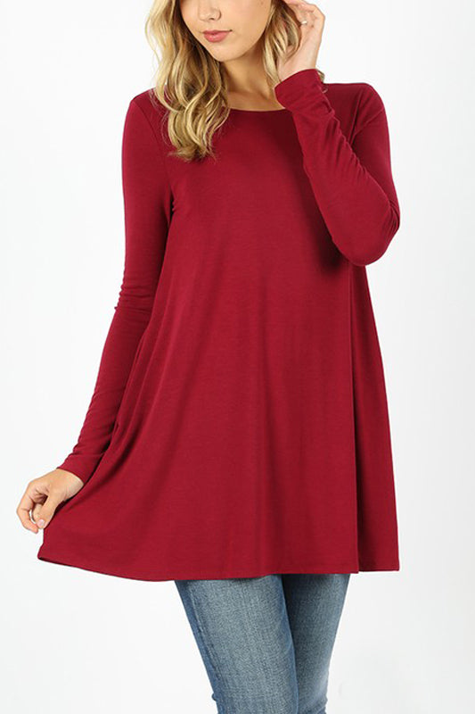Long Sleeve Boat Neck Flared Pockets