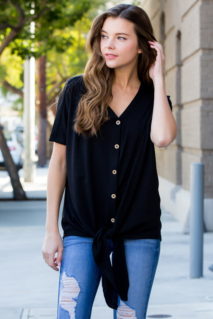 Short Sleeved Button-down Tie Front Top