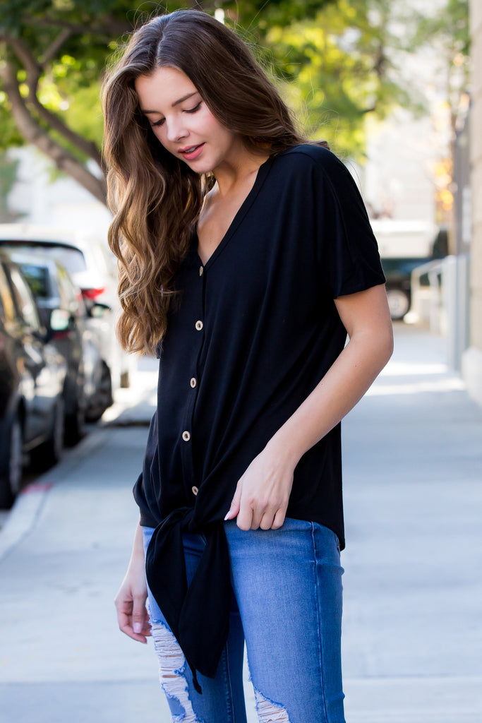 Short Sleeved Button-down Tie Front Top