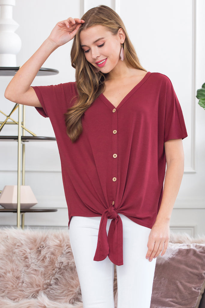 Short Sleeved Button-down Tie Front Top