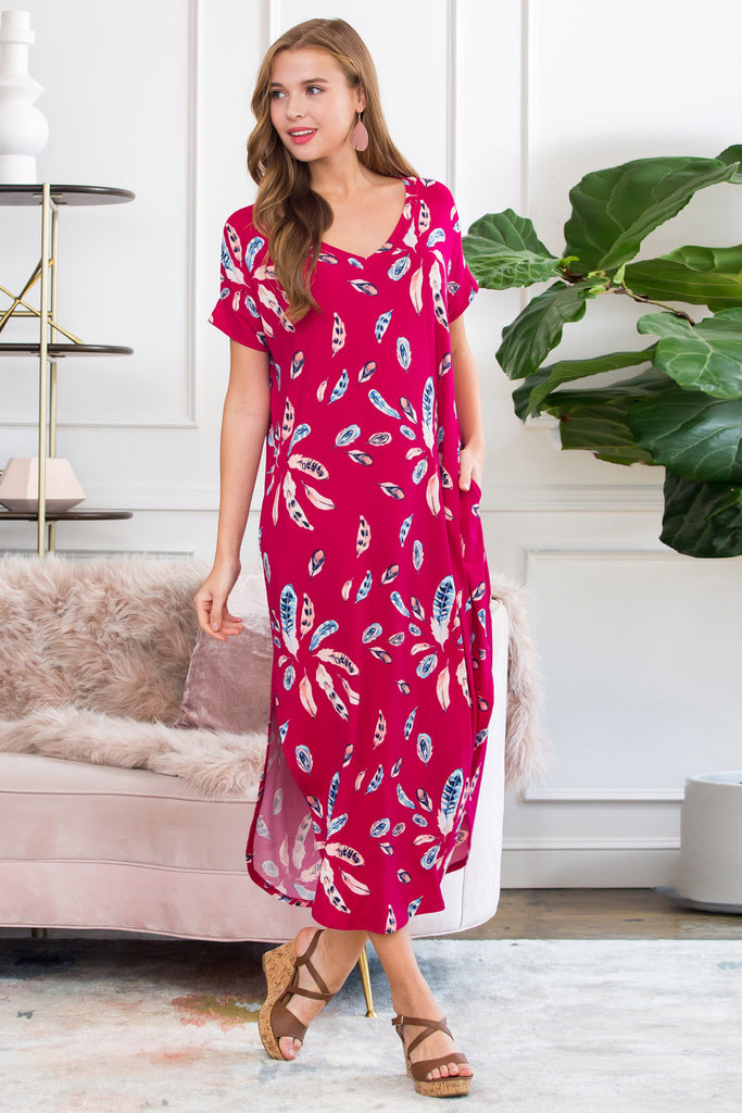 Side Slit Feather Print Maxi Dress