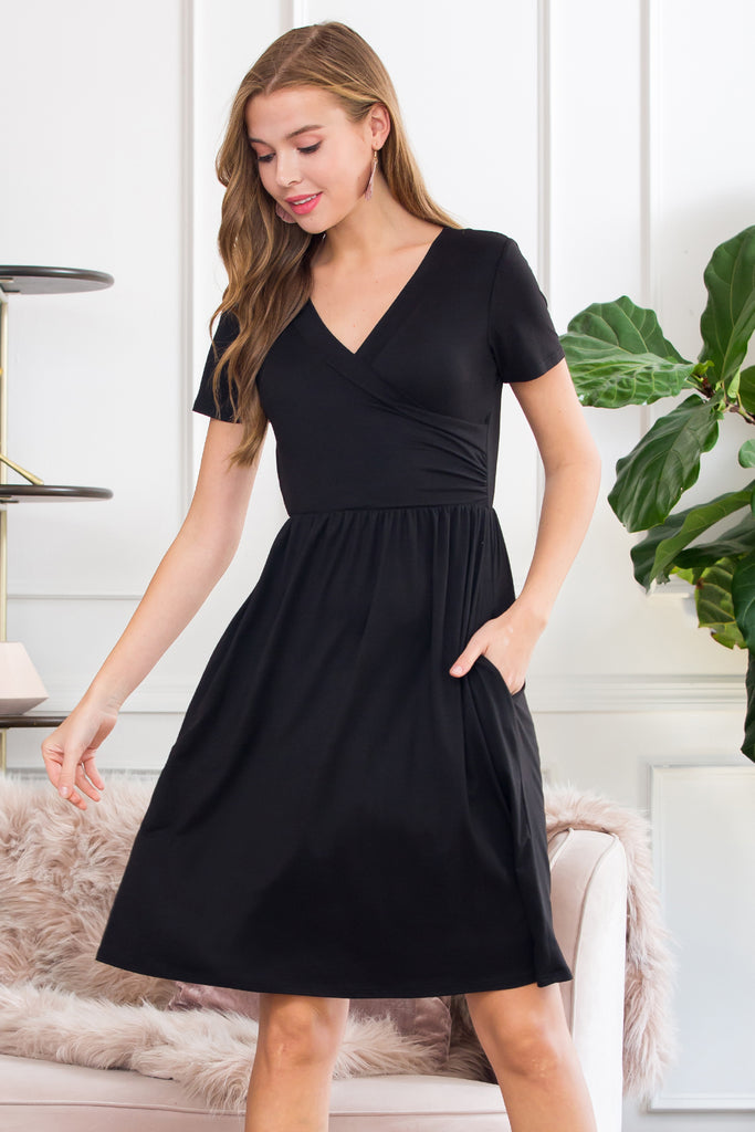 Short Sleeved Solid Wrap Pocket Dress