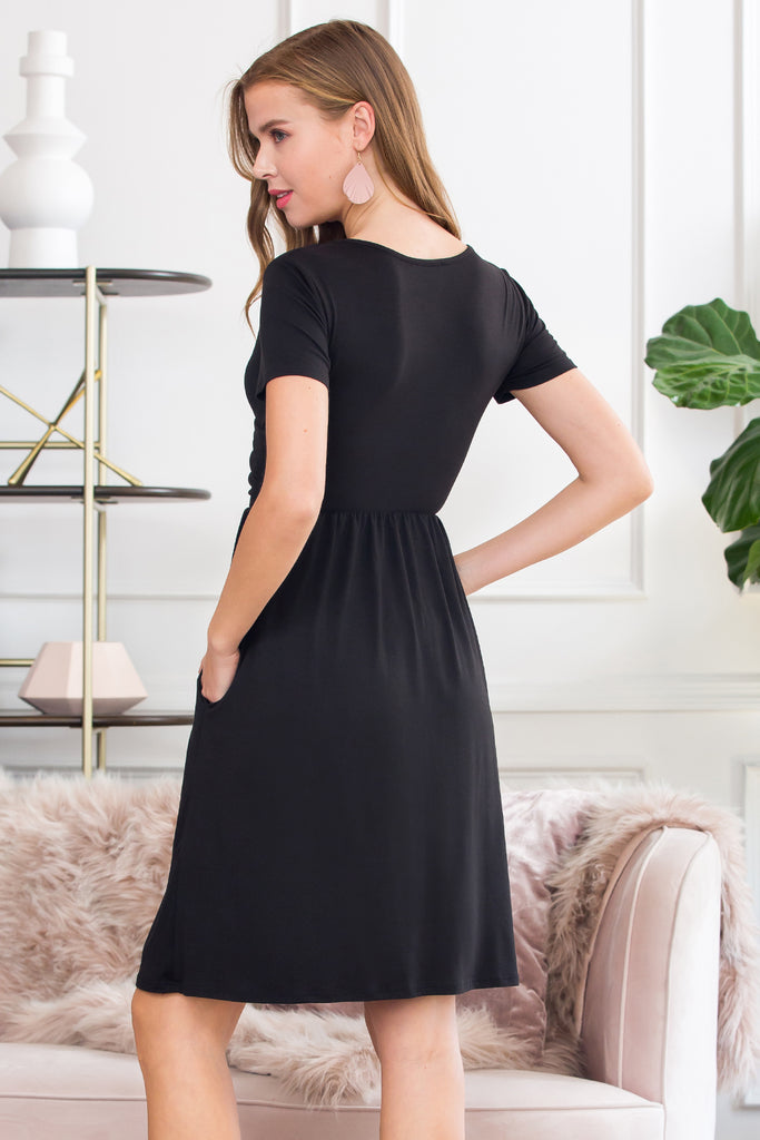 Short Sleeved Solid Wrap Pocket Dress