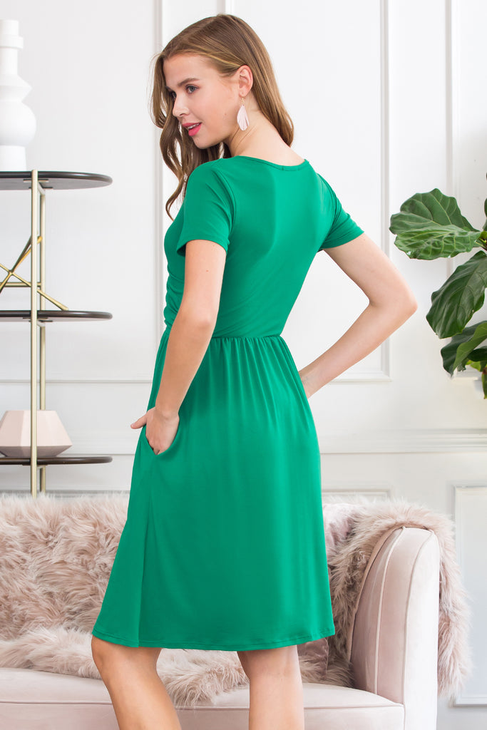 Short Sleeved Solid Wrap Pocket Dress