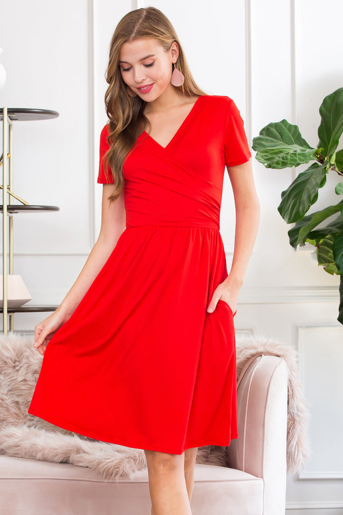 Short Sleeved Solid Wrap Pocket Dress