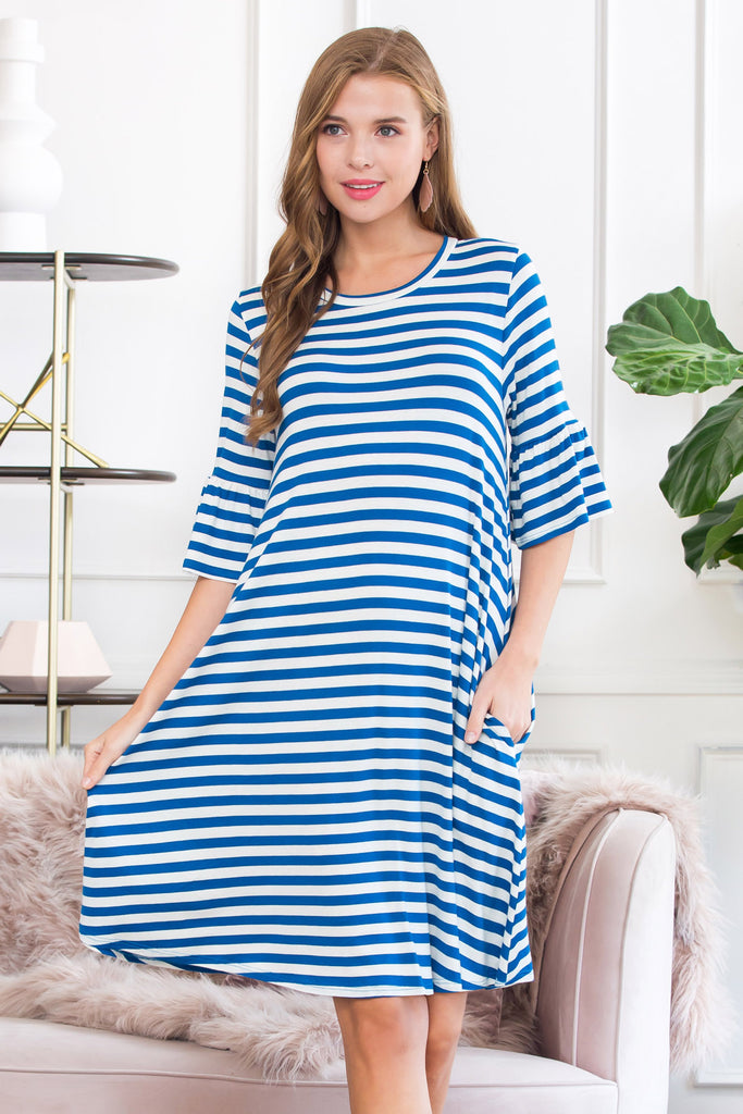 Striped Bell Sleeved Swing Pocket Dress