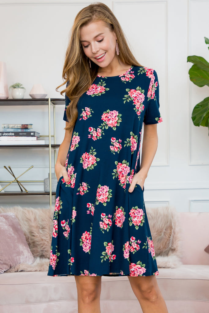 Short Sleeve Floral Swing Pocket Dress