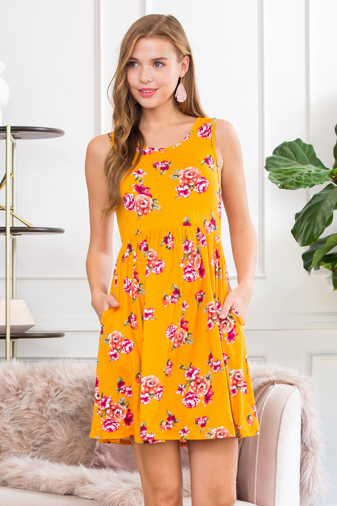 Sleeveless Floral Empire Waist Midi Tank Dress