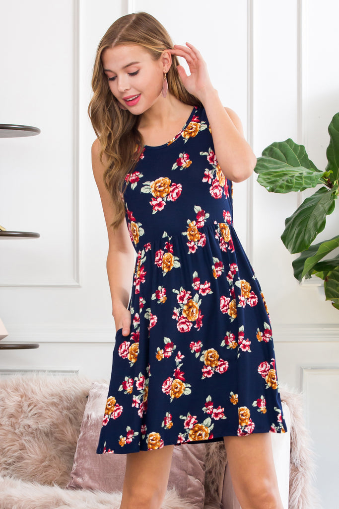 Sleeveless Floral Empire Waist Midi Tank Dress