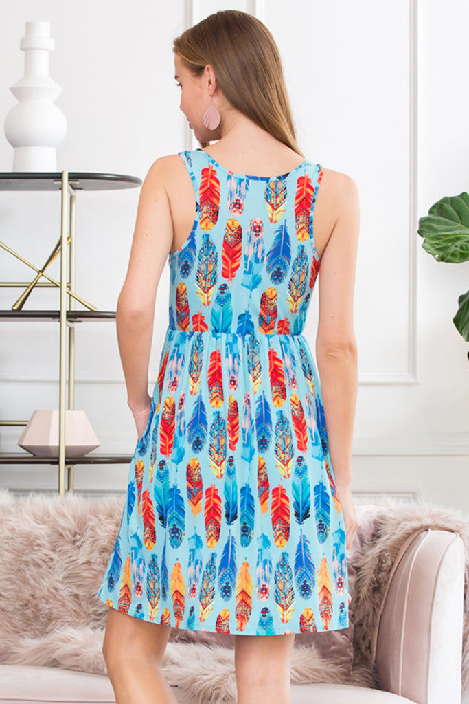 Sleeveless Feather Print Empire Waist Tank Dress - Riah Fashion