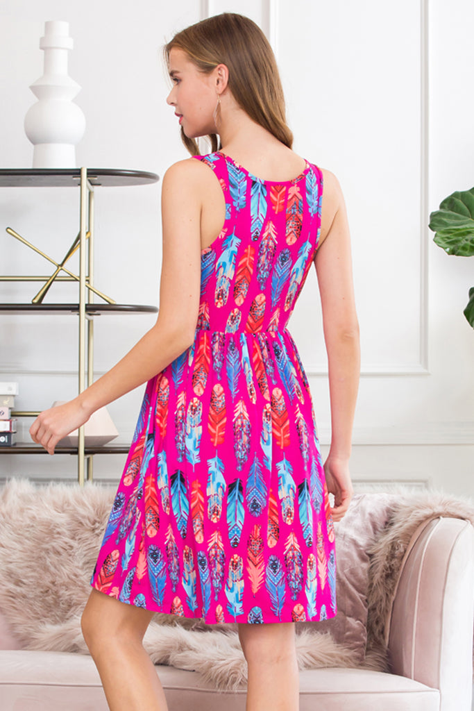 Sleeveless Feather Print Empire Waist Tank Dress - Riah Fashion