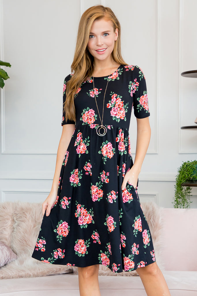 Short Sleeved Floral Empire Waist Midi Pocket Dress