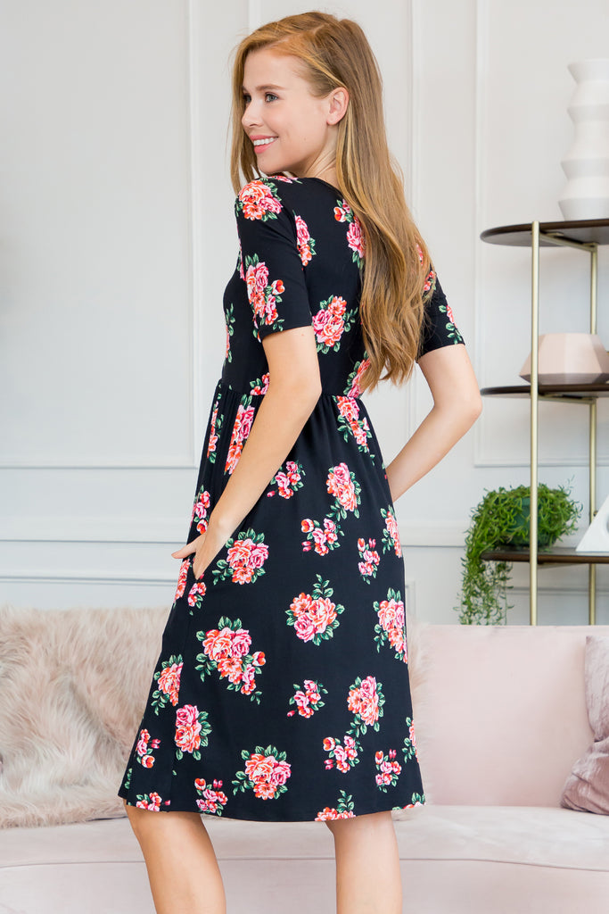 Short Sleeved Floral Empire Waist Midi Pocket Dress