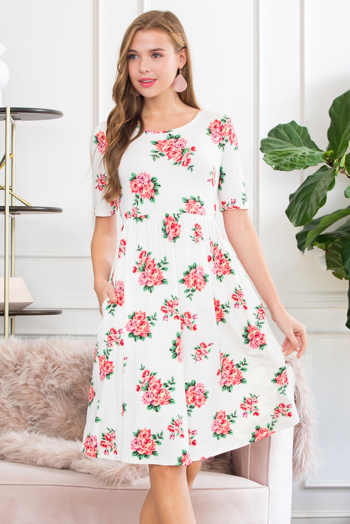 Short Sleeved Floral Empire Waist Midi Pocket Dress