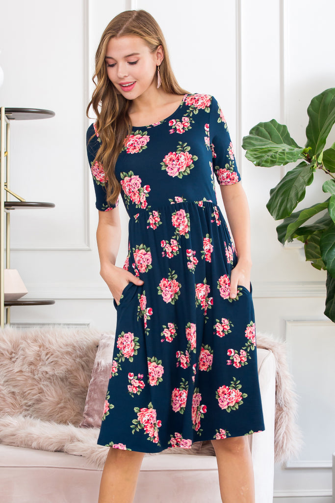 Short Sleeved Floral Empire Waist Midi Pocket Dress