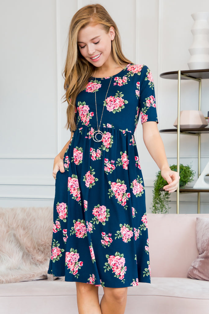 Short Sleeved Floral Empire Waist Midi Pocket Dress
