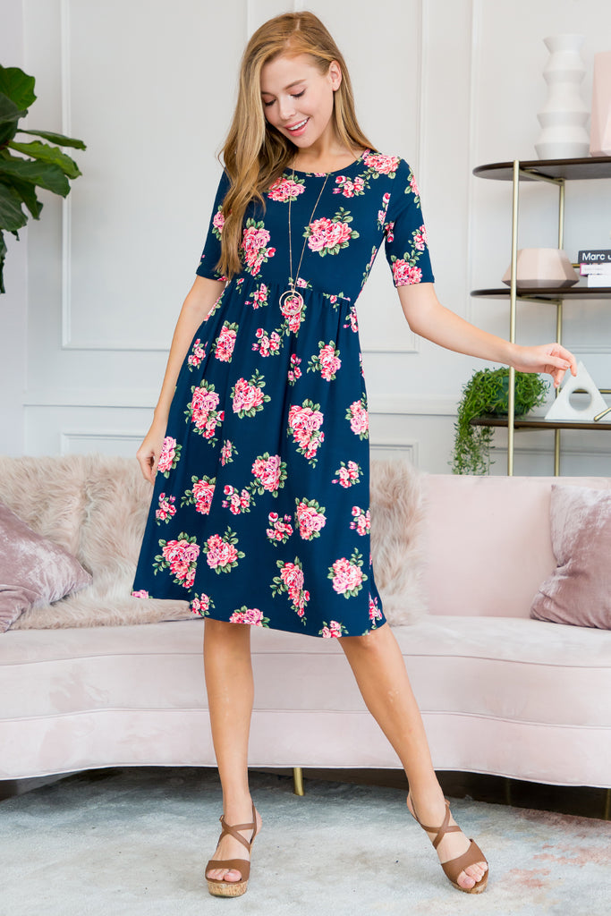 Short Sleeved Floral Empire Waist Midi Pocket Dress