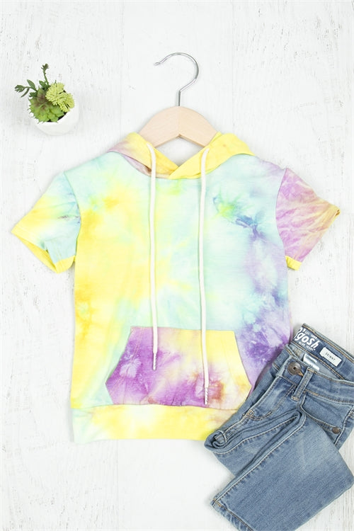 Tie Dye Short Sleeve Hoodie With Kangaroo Pocket