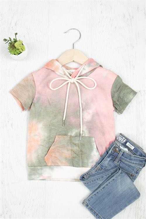 Tie Dye Short Sleeve Hoodie With Kangaroo Pocket
