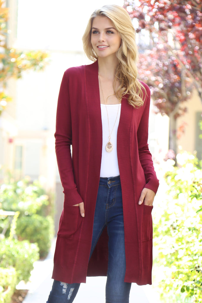 Long Rib Detail Open Front Pocket Cardigan