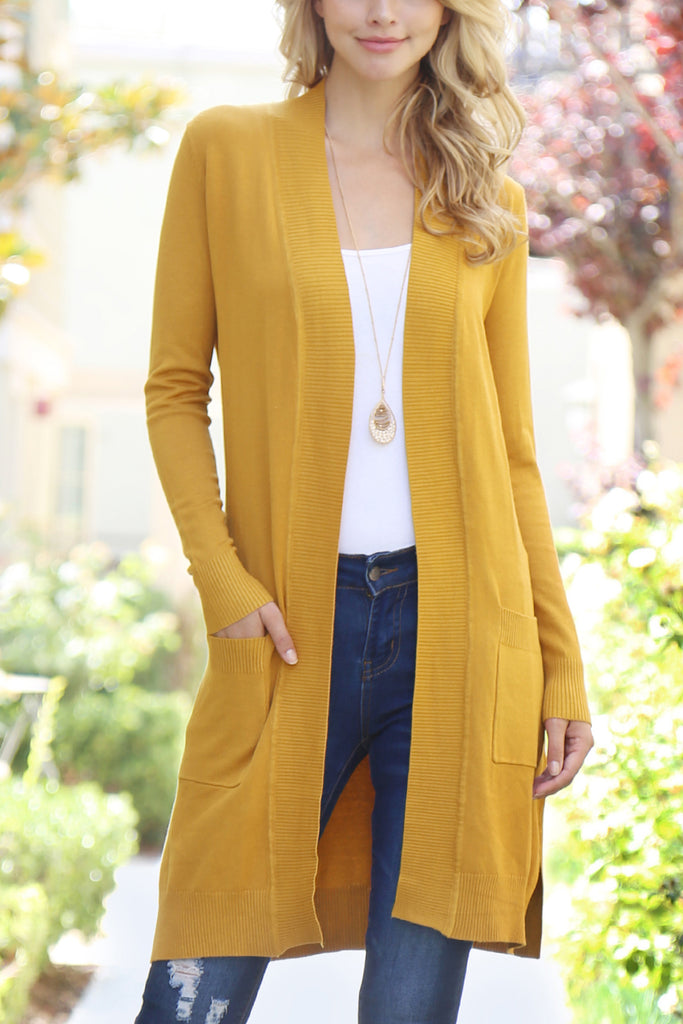 Long Rib Detail Open Front Pocket Cardigan