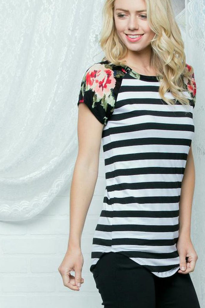 Striped Body Floral Short Sleeves Raglan Top