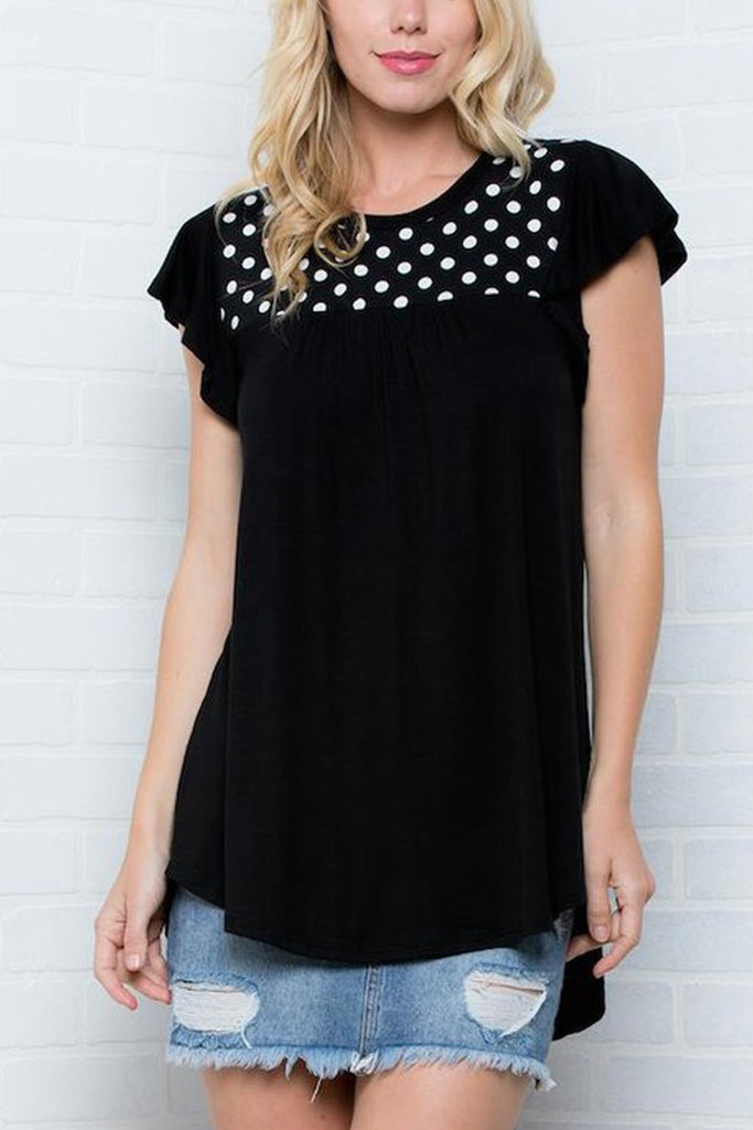 Short Sleeves Polka Dot Pattern Solid Bottom Top