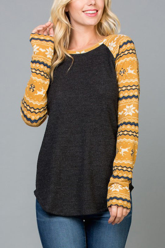 Reindeer Print Raglan Sleeves Top