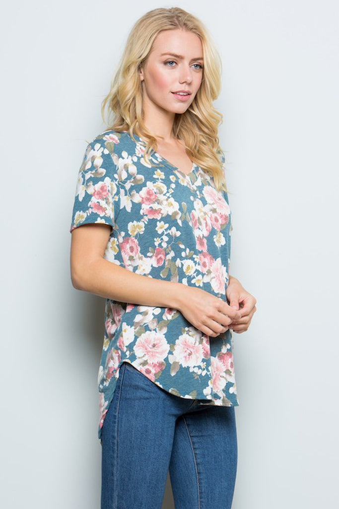 Floral Hi-Lo Hem V Neckline Top