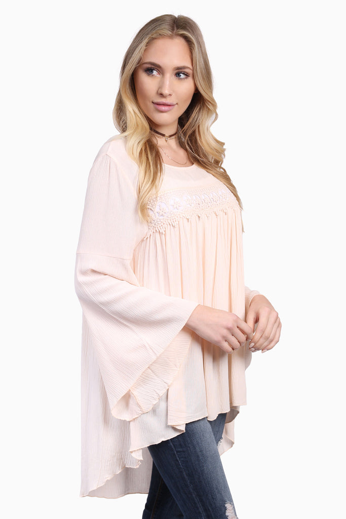 Lace Detail Chest Bell Sleeve High-Low Tunic