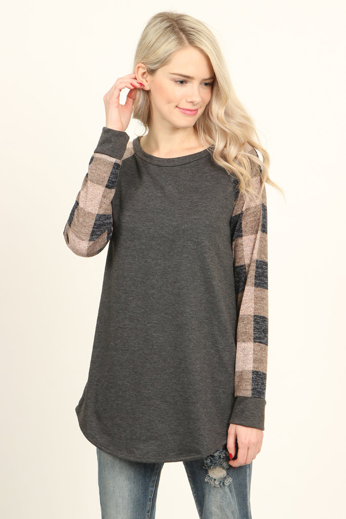 French Terry Plaid Sleeve Knit Tunic