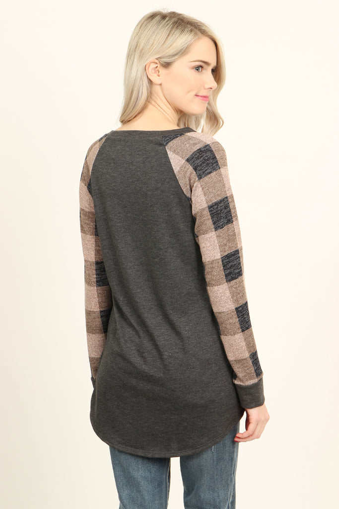 French Terry Plaid Sleeve Knit Tunic