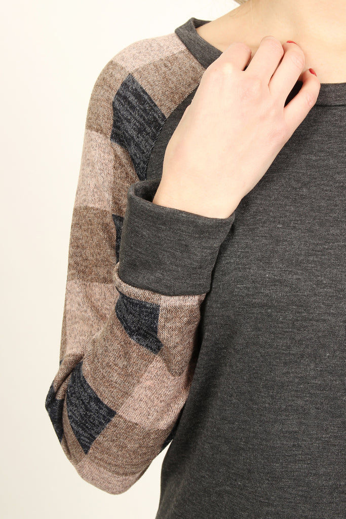 French Terry Plaid Sleeve Knit Tunic