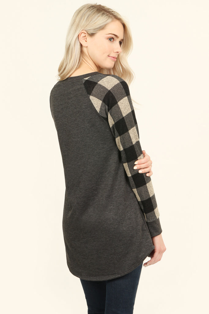 French Terry Plaid Sleeve Knit Tunic