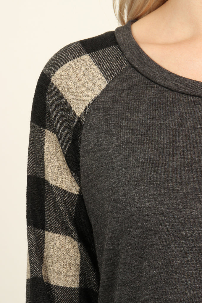 French Terry Plaid Sleeve Knit Tunic