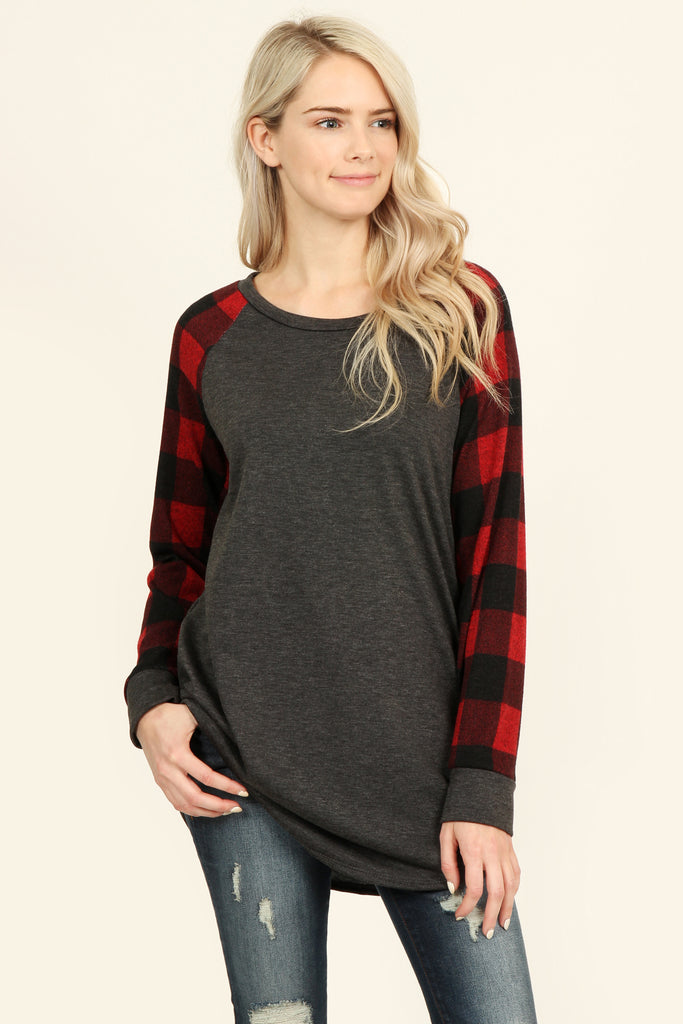 French Terry Plaid Sleeve Knit Tunic