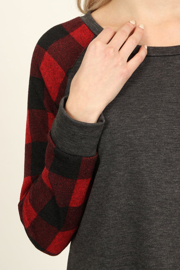 French Terry Plaid Sleeve Knit Tunic