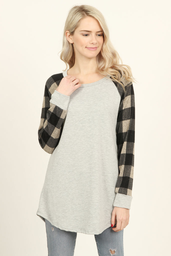 French Terry Plaid Sleeve Knit Tunic