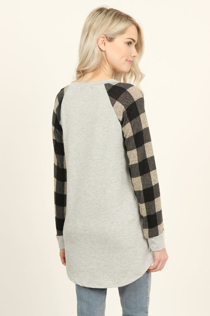 French Terry Plaid Sleeve Knit Tunic