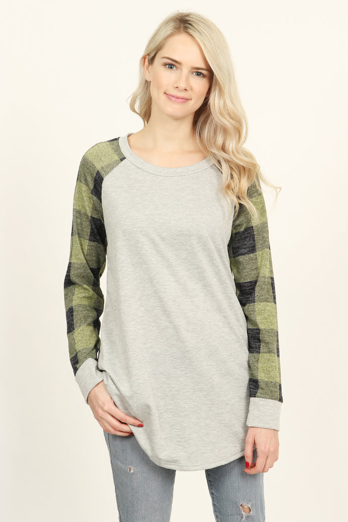 French Terry Plaid Sleeve Knit Tunic