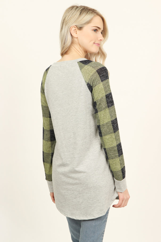 French Terry Plaid Sleeve Knit Tunic