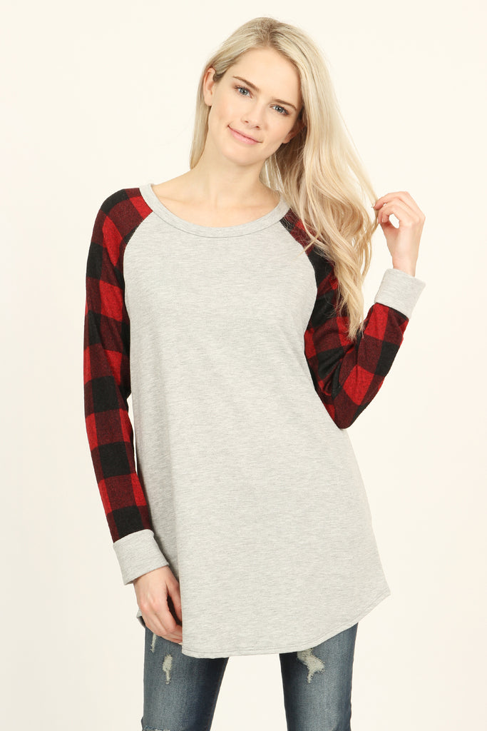 French Terry Plaid Sleeve Knit Tunic
